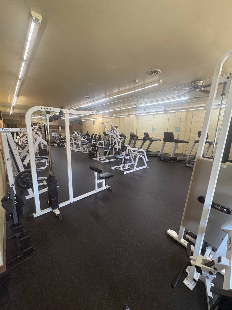 The machine floor — strength machines, cardio, and benches