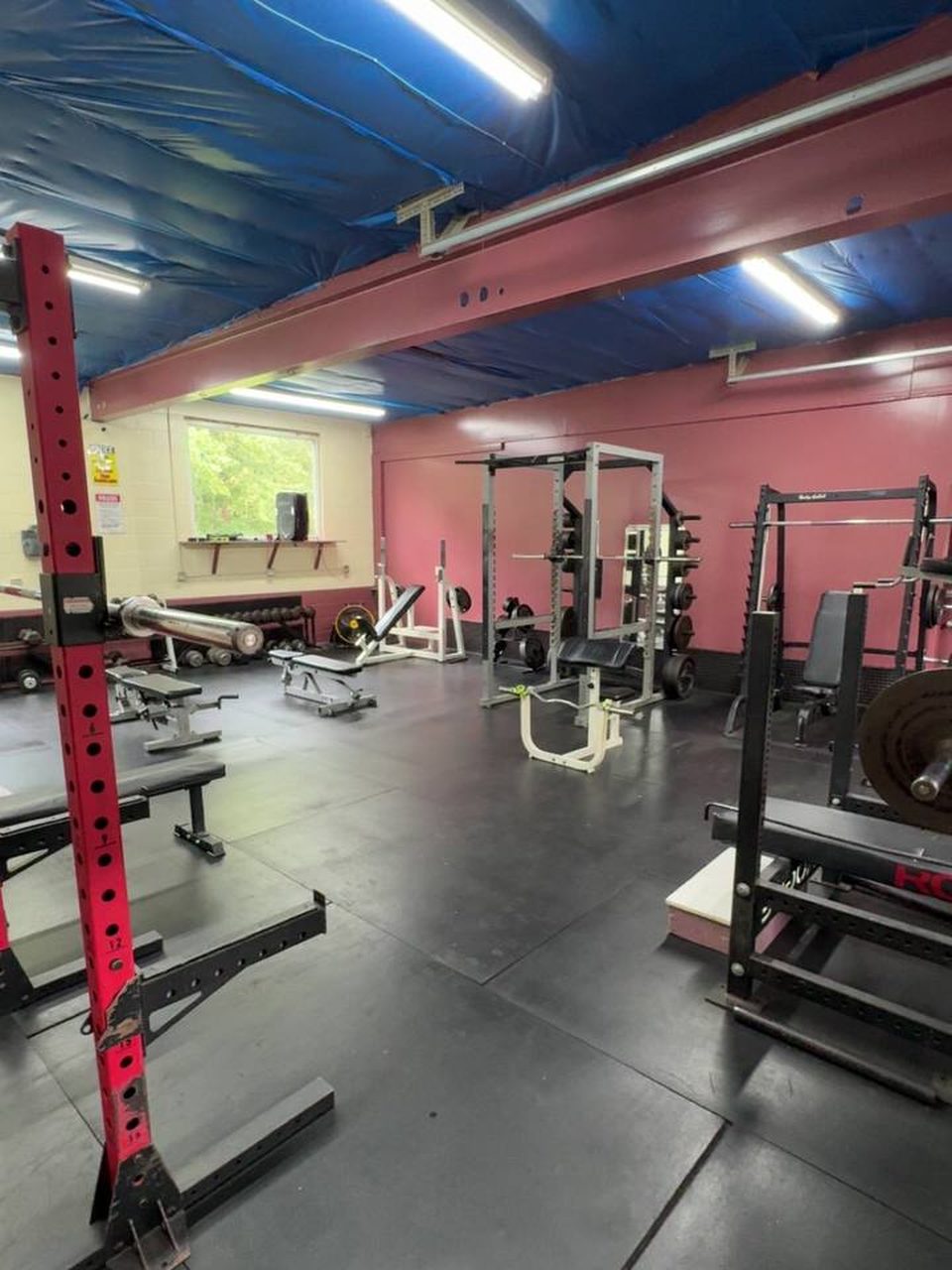 The power-rack room — squat racks, benches, plates, and dumbbells